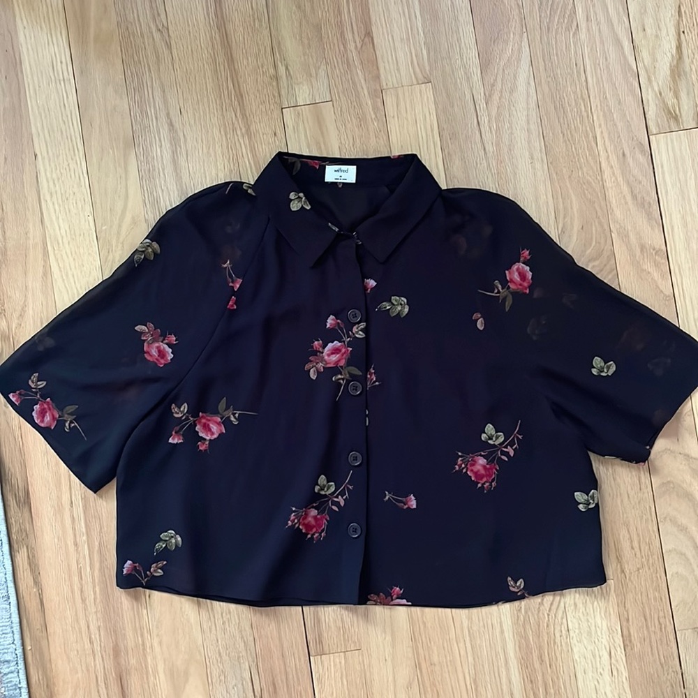 Aritzia Black Cropped Floral Button-Up Blouse with Pink Flowers